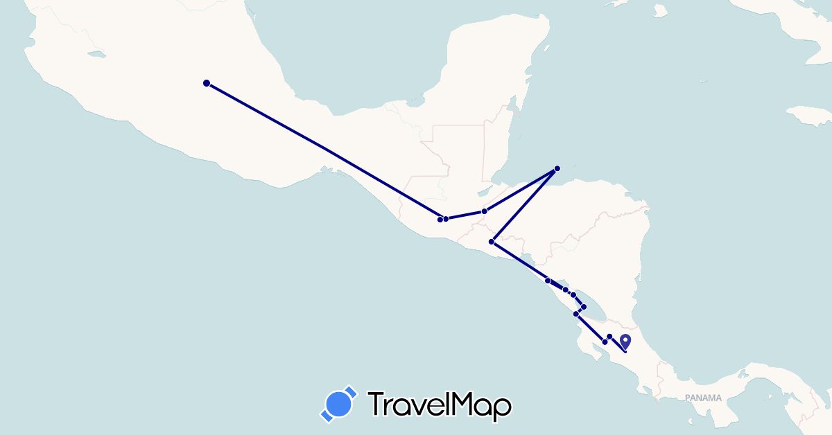 TravelMap itinerary: driving in Costa Rica, Guatemala, Honduras, Mexico, Nicaragua, El Salvador (North America)